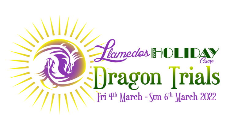 Image of Llamedos Holiday Camp Logo featuring two dragons entwined as a sun with the wording Llamedos Holiday Camp 2022 Dragon Trials beside it
