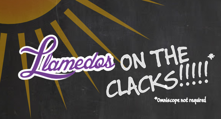 Chalkboard with the words Llamedos on the Clacks!!!*  and a footnote saying Omniscope not required.  The logo is on the sun background from the 2020 event