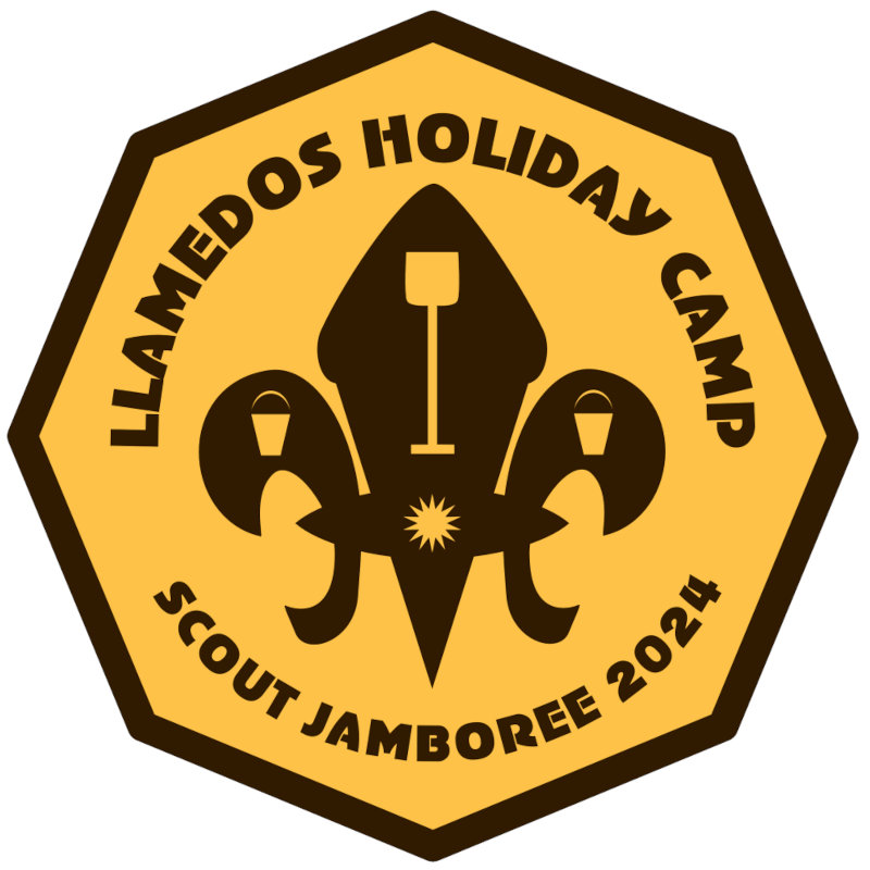 Octagonal logo with a stylised fleur-de-lis with an ice-cream and two straws and the words Llamedos Holiday Camp - Scout Jamboree 2024
