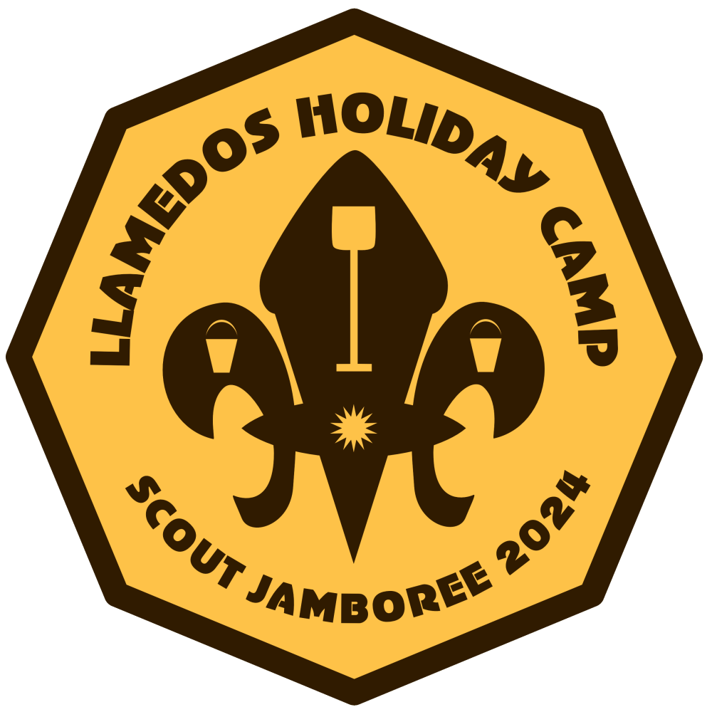Image of Llamedos Holiday Camp Scout Logo, which is an octagonal shape with a fleur de lis design featuring two buckets and a spade