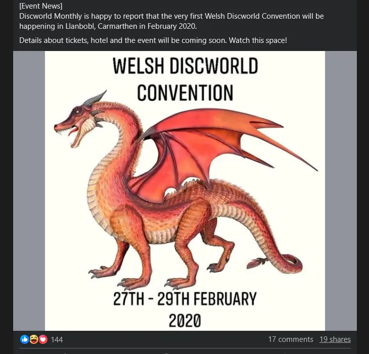 April fools joke posted to a Facebook post that states that there will be a Welsh Discworld Convention in a town called Llanbobl in February 27th-29th 2020