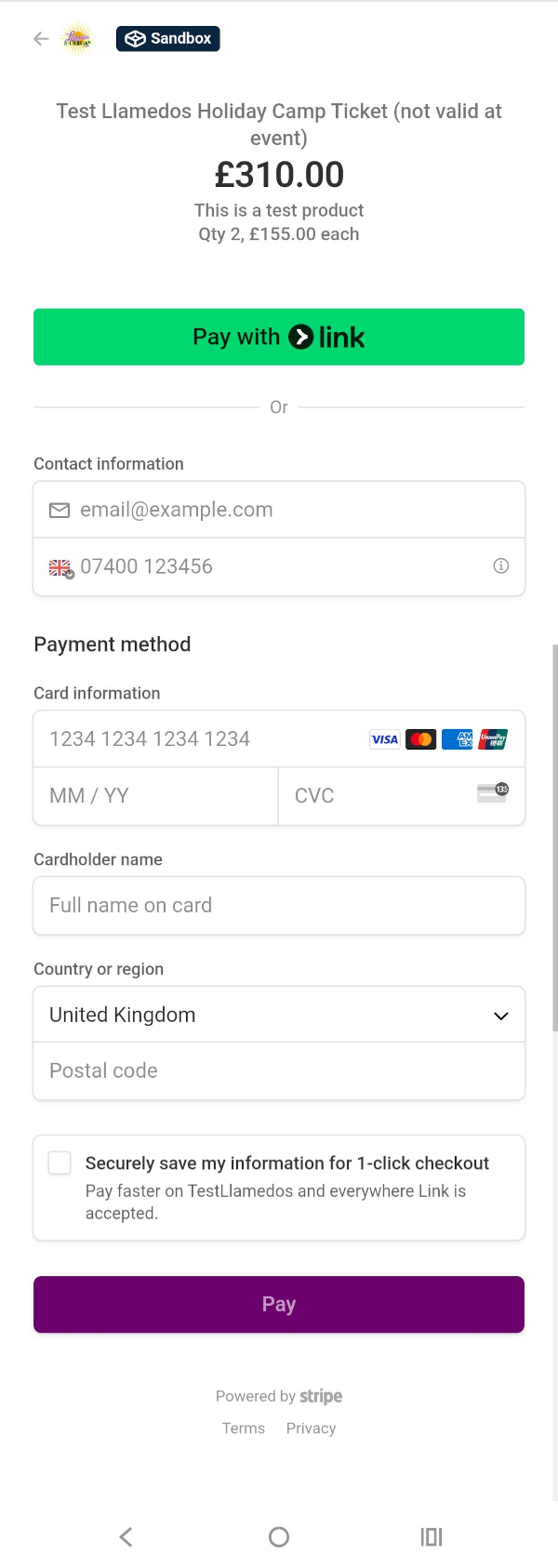 Example checkout page with card details, cart details and a pay button