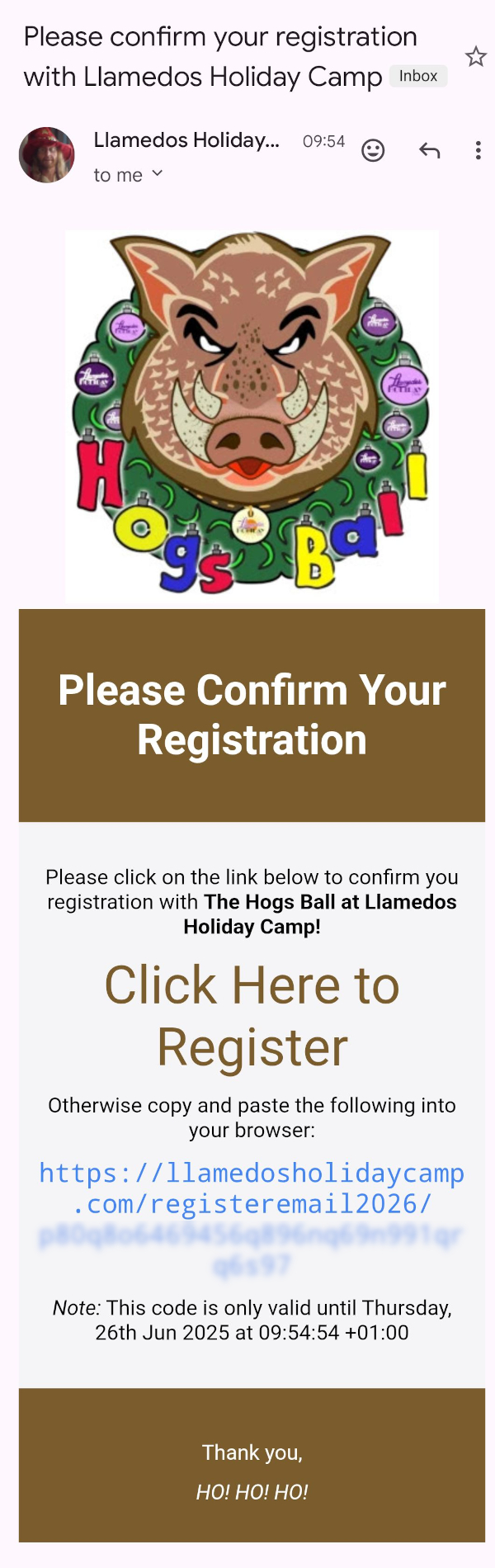 Example email with link to register account