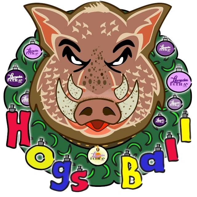 A Hogs Head in a hogswatch wreath with the words Hogs Ball in tree baubles