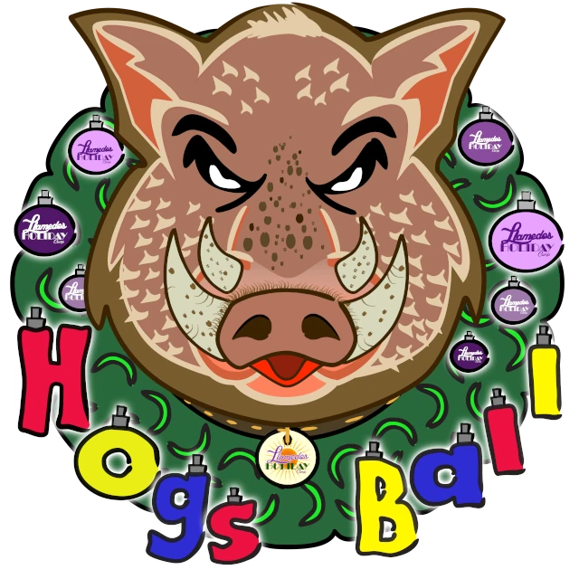 The Llamedos Hogs Ball Logo - featuring a cartoon hog in a festive wreath, with baubles and the words Hogs Ball in fairy lights