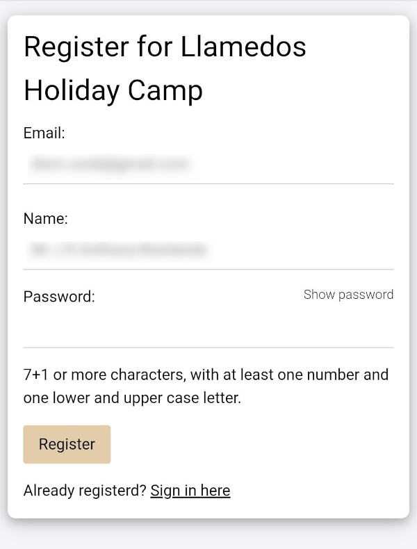 View of website asking for account details